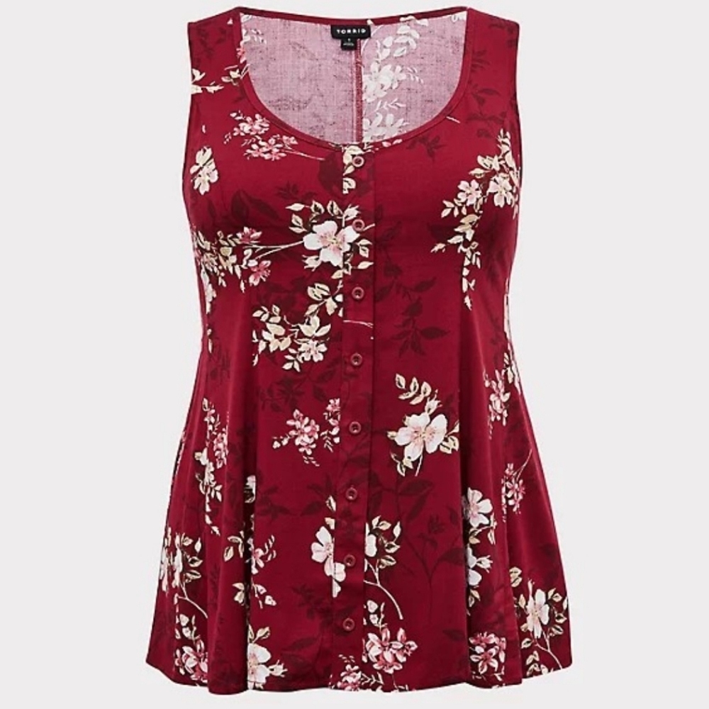 TORRID RED WINE FLORAL CHALLIS FIT & FLARE TANK